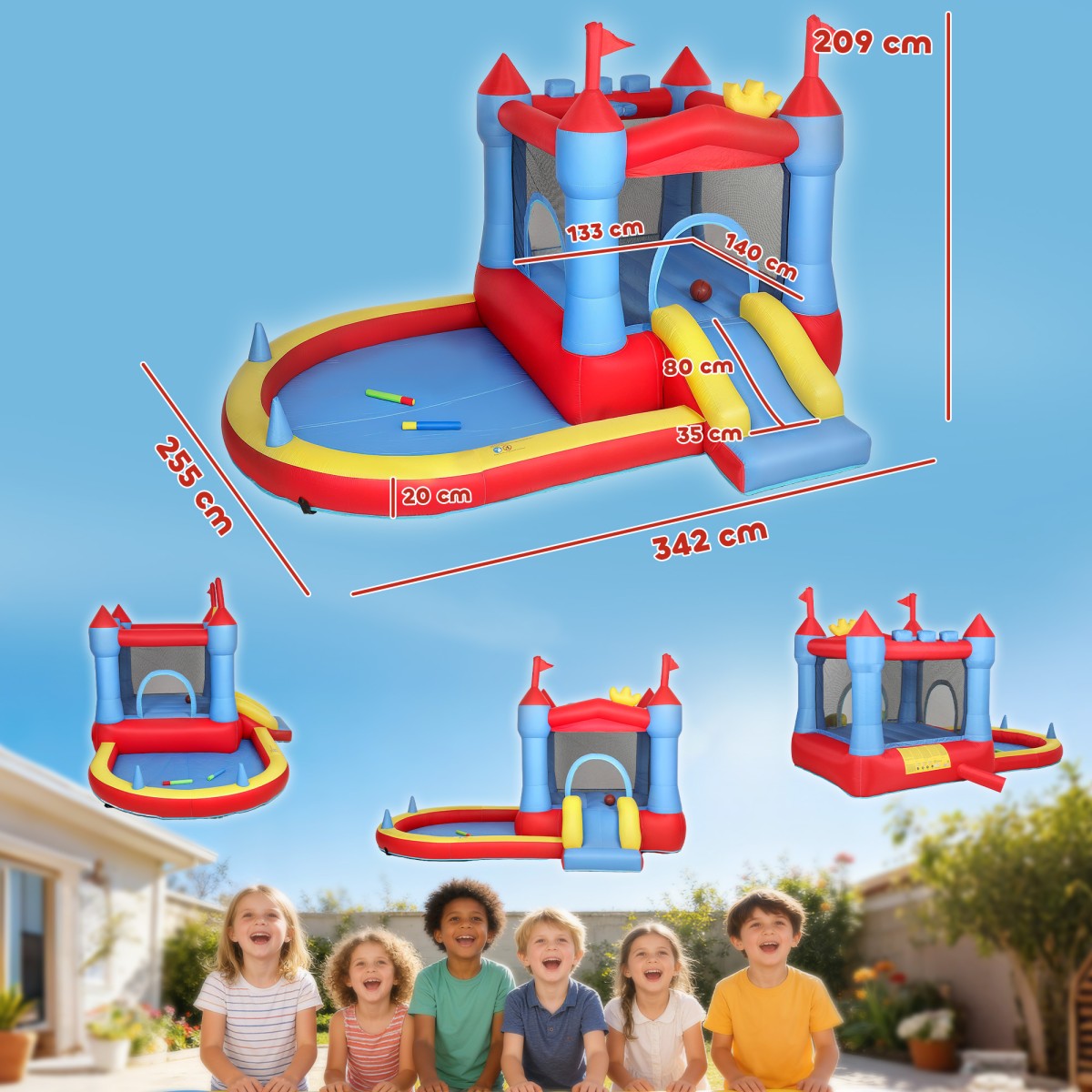 Φουσκωτό Bouncy Castle with Blower Slide Trampoline Paddling Pool/Ball Pit Water Gun 342x255x209 cm Μπλε