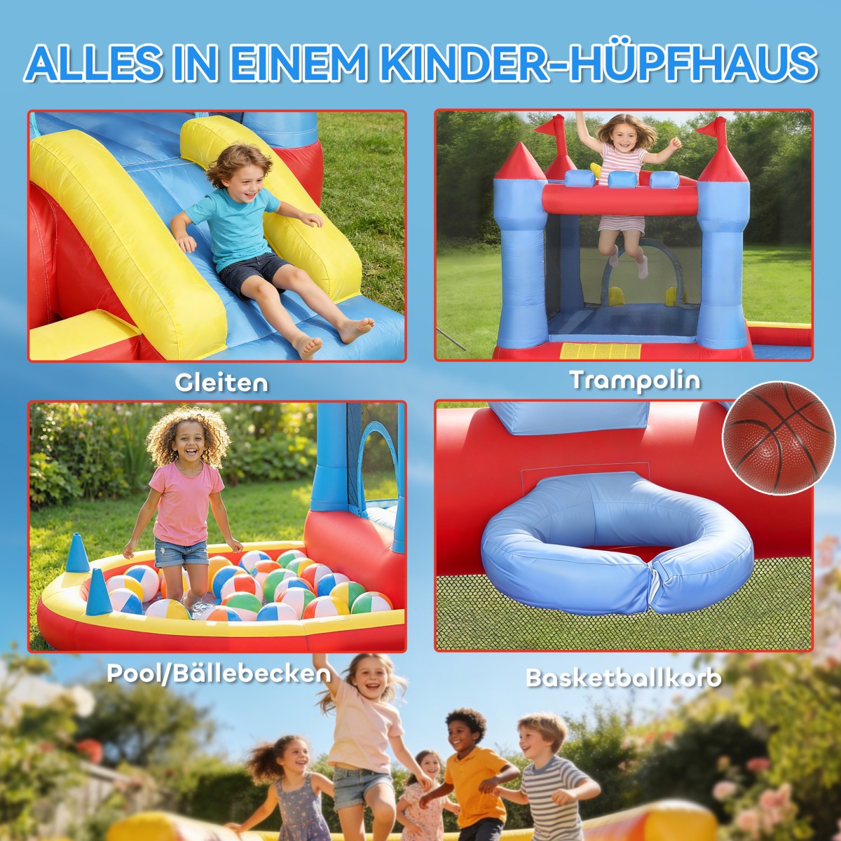 Φουσκωτό Bouncy Castle with Blower Slide Trampoline Paddling Pool/Ball Pit Water Gun 342x255x209 cm Μπλε