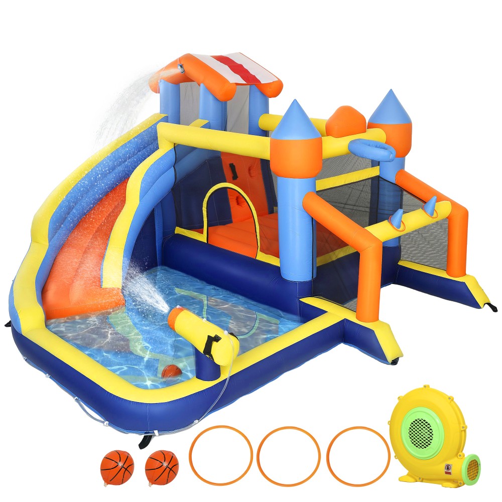 8 σε 1 Bouncy Castle with Blower Slide Paddling Pool Τραμπολίνο Τοίχος αναρρίχησης για εσωτερικούς χώρους 350x325x210cm Πολύχρωμος
