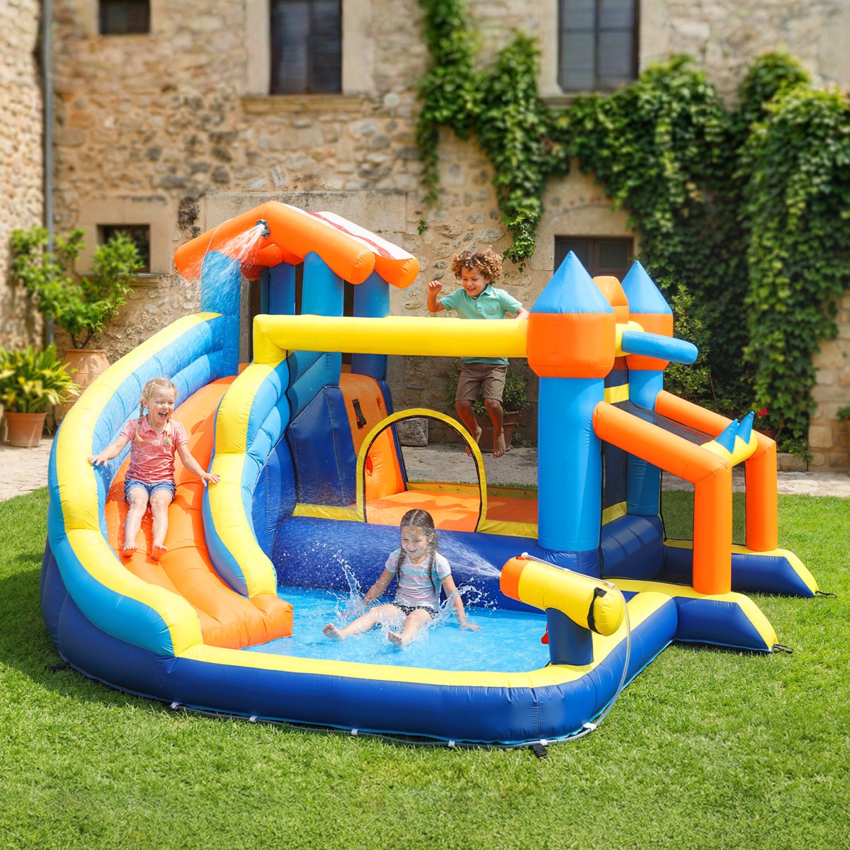 8 σε 1 Bouncy Castle with Blower Slide Paddling Pool Τραμπολίνο Τοίχος αναρρίχησης για εσωτερικούς χώρους 350x325x210cm Πολύχρωμος