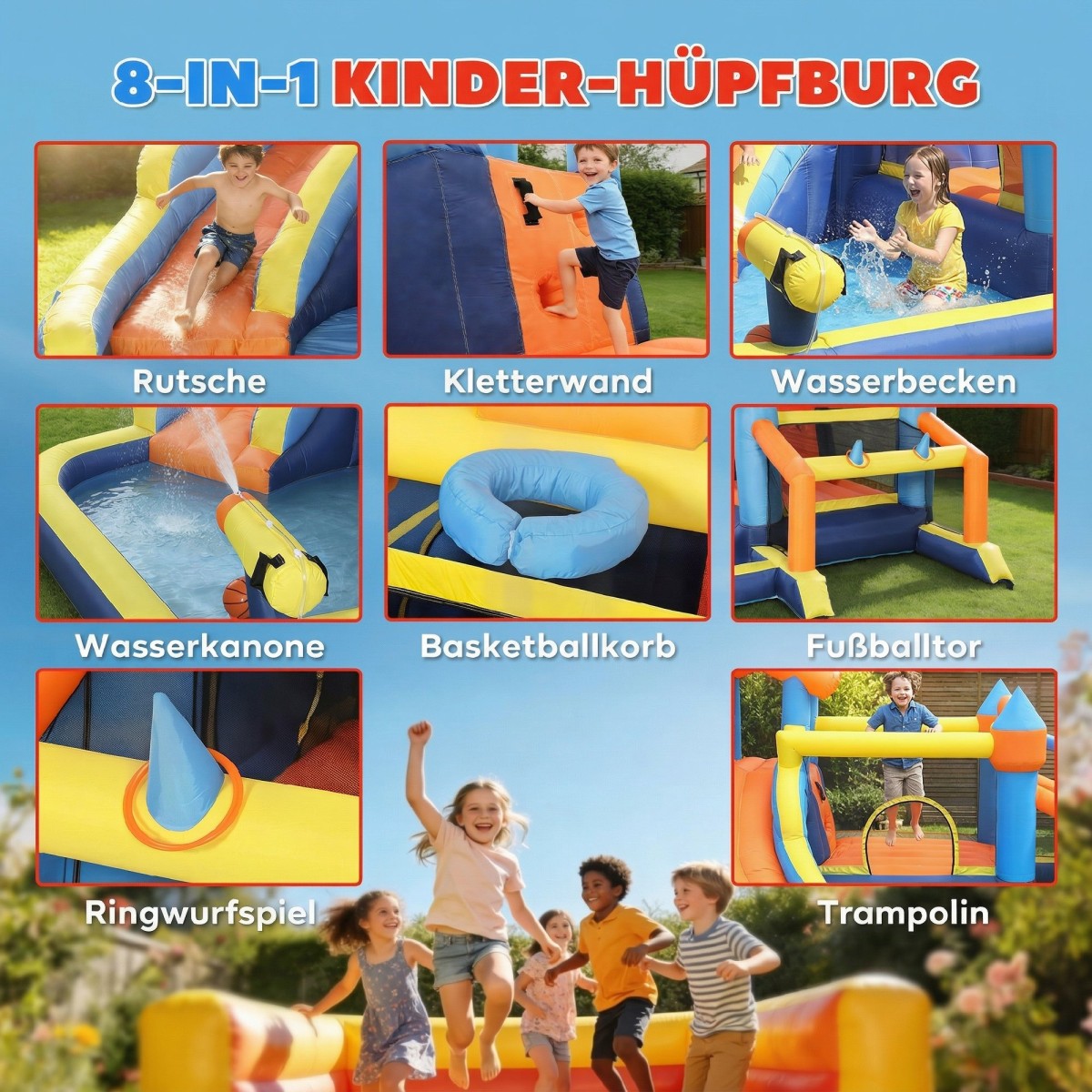 8 σε 1 Bouncy Castle with Blower Slide Paddling Pool Τραμπολίνο Τοίχος αναρρίχησης για εσωτερικούς χώρους 350x325x210cm Πολύχρωμος