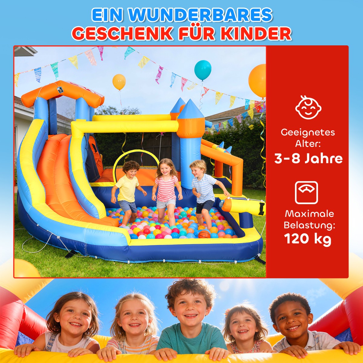 8 σε 1 Bouncy Castle with Blower Slide Paddling Pool Τραμπολίνο Τοίχος αναρρίχησης για εσωτερικούς χώρους 350x325x210cm Πολύχρωμος