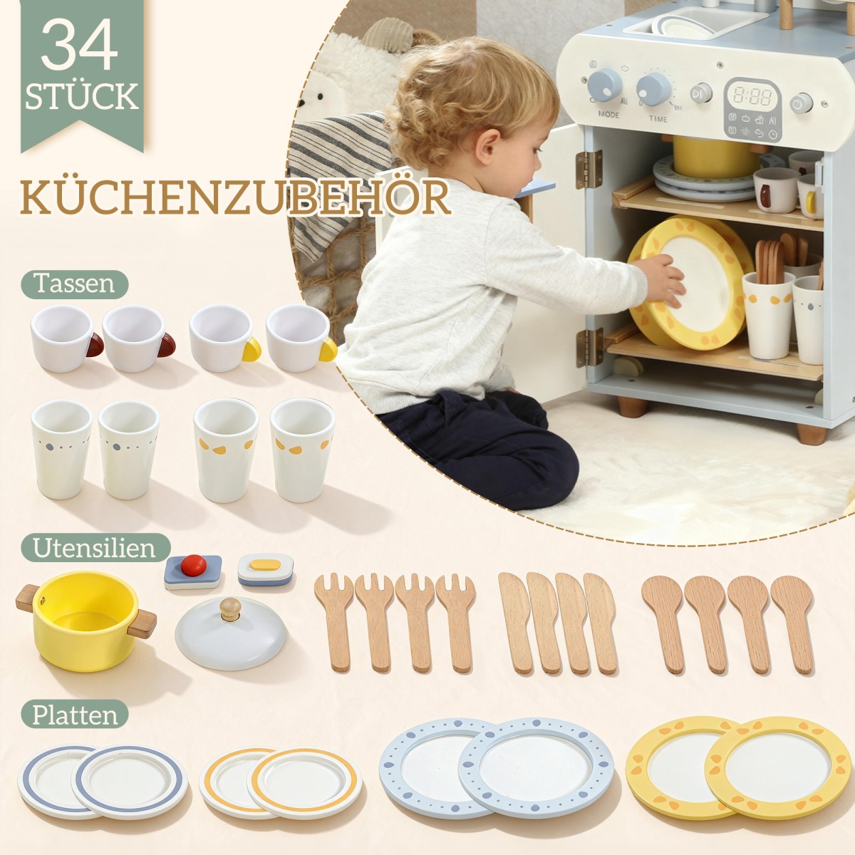 Σετ Scullery, Ξύλινο πλυντήριο πιάτων για παιδιά, 32 αξεσουάρ, MDF, για παιδιά από 3 ετών, γαλάζιο