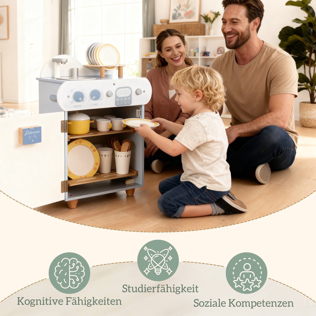Σετ Scullery, Ξύλινο πλυντήριο πιάτων για παιδιά, 32 αξεσουάρ, MDF, για παιδιά από 3 ετών, γαλάζιο