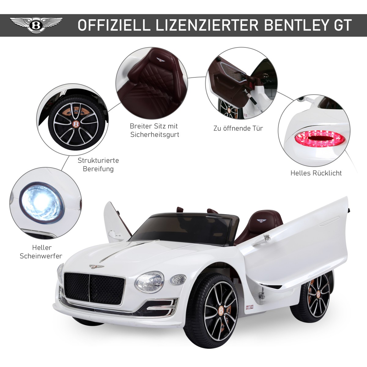 Παιδικό ηλεκτρικό αυτοκίνητο Bentley GT άδεια ηλεκτρικό παιδικό αυτοκίνητο με τηλεχειριστήριο 2.4G MP3, μουσική, κόρνα, φώτα LED ηλεκτρικό αυτοκίνητο παιδικό όχημα για 3-5 χρόνια 108 x 60 x 43 cm λευκό