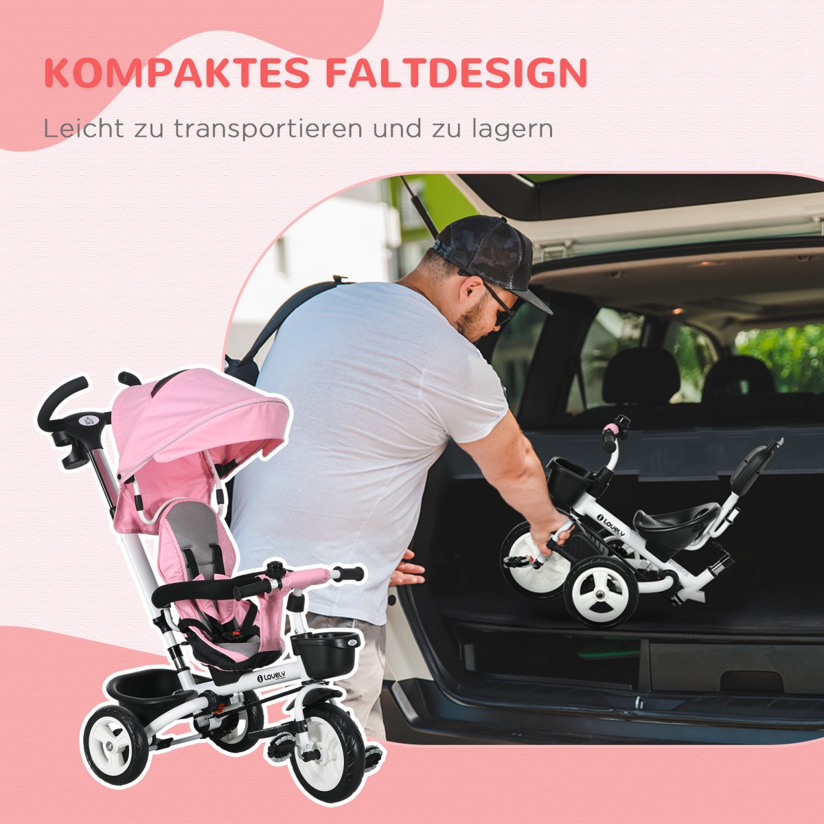 Παιδικό τρίκυκλο 6 σε 1 με μπάρα, οροφή, λουράκι, καλάθι αποθήκευσης, 18+ μηνών, ροζ
