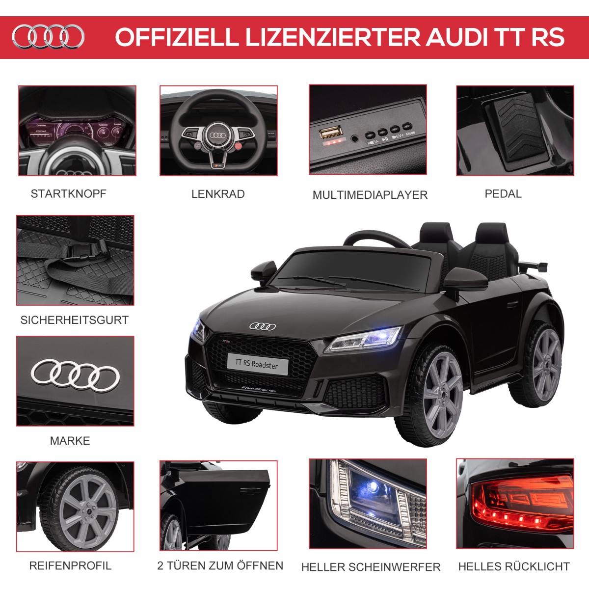 Παιδικό ηλεκτρικό αυτοκίνητο Audi, με τηλεχειριστήριο 2.4G, μουσική, κόρνα, LED, USB, για παιδιά 3-5 ετών, μαύρο