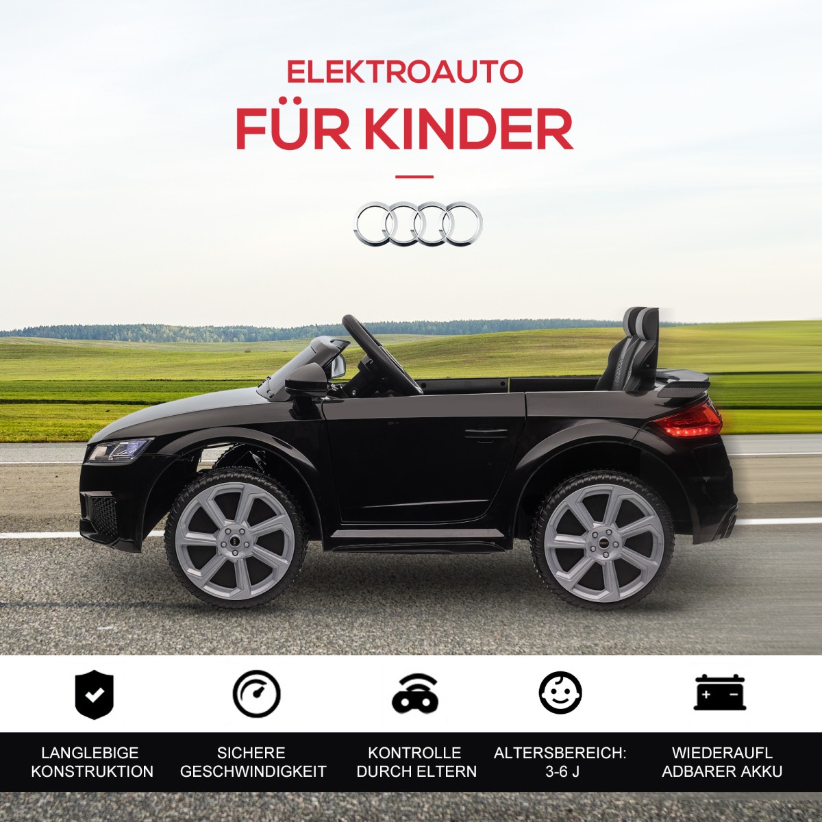 Παιδικό ηλεκτρικό αυτοκίνητο Audi, με τηλεχειριστήριο 2.4G, μουσική, κόρνα, LED, USB, για παιδιά 3-5 ετών, μαύρο