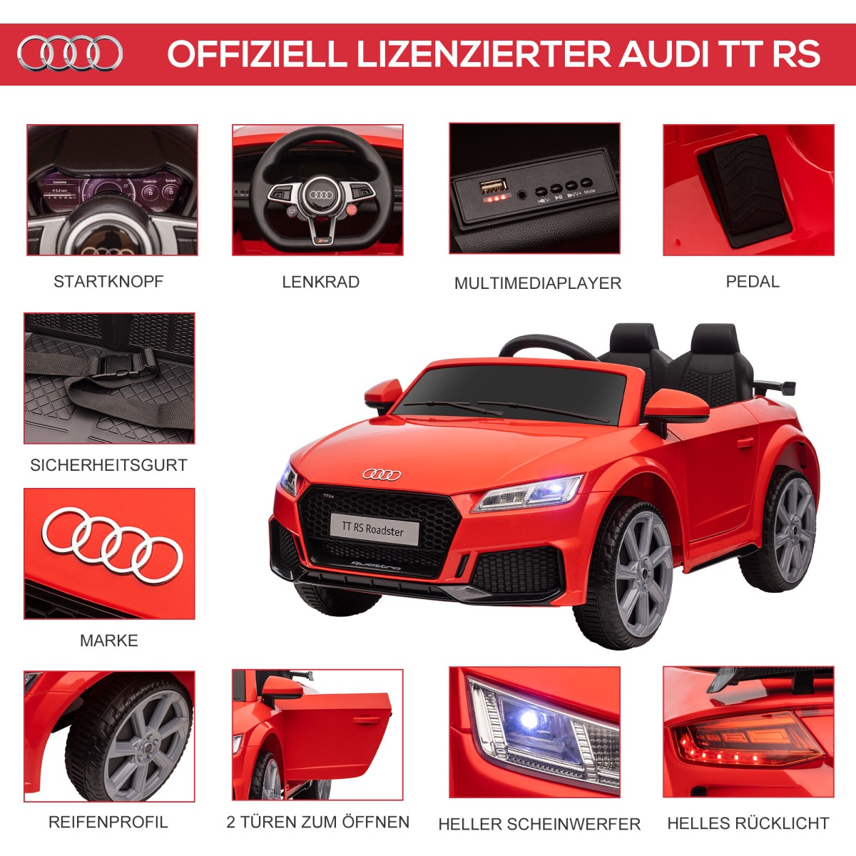 Audi παιδικό ηλεκτρικό αυτοκίνητο 12V με τηλεχειριστήριο 2.4G, μουσική, κόρνα, ηλεκτρικό όχημα με φως LED, θύρα USB/MP3, λειτουργία όπισθεν, για παιδιά 3-5 ετών, κόκκινο