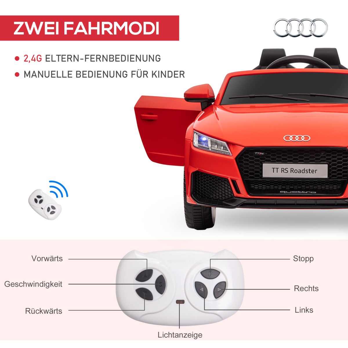 Audi παιδικό ηλεκτρικό αυτοκίνητο 12V με τηλεχειριστήριο 2.4G, μουσική, κόρνα, ηλεκτρικό όχημα με φως LED, θύρα USB/MP3, λειτουργία όπισθεν, για παιδιά 3-5 ετών, κόκκινο
