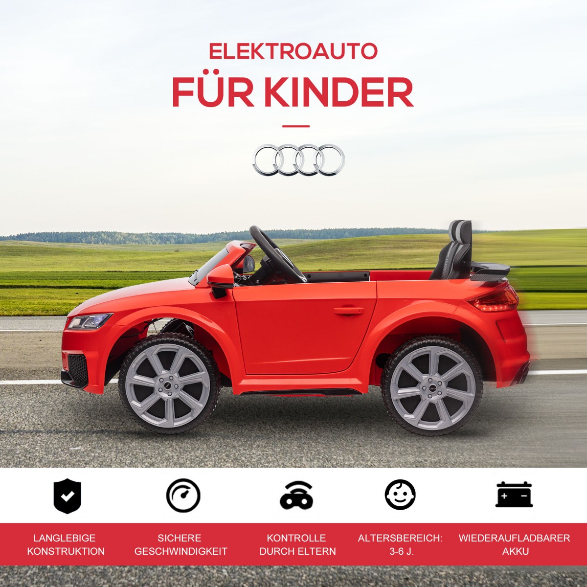 Audi παιδικό ηλεκτρικό αυτοκίνητο 12V με τηλεχειριστήριο 2.4G, μουσική, κόρνα, ηλεκτρικό όχημα με φως LED, θύρα USB/MP3, λειτουργία όπισθεν, για παιδιά 3-5 ετών, κόκκινο