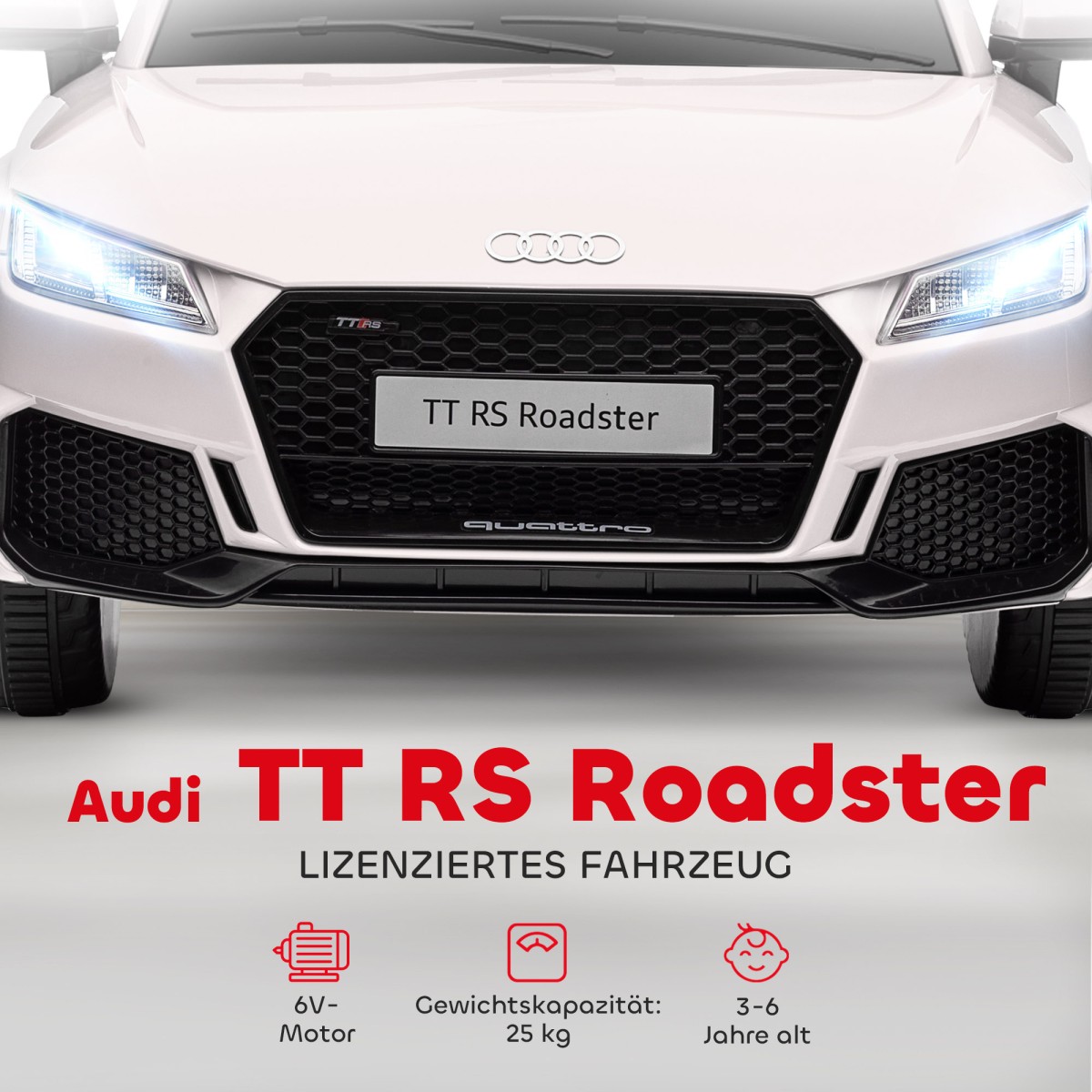 Παιδικό ηλεκτρικό αυτοκίνητο, Audi TT RS Roadster, 3 km/h, τηλεχειριστήριο, LED, USB, λευκό