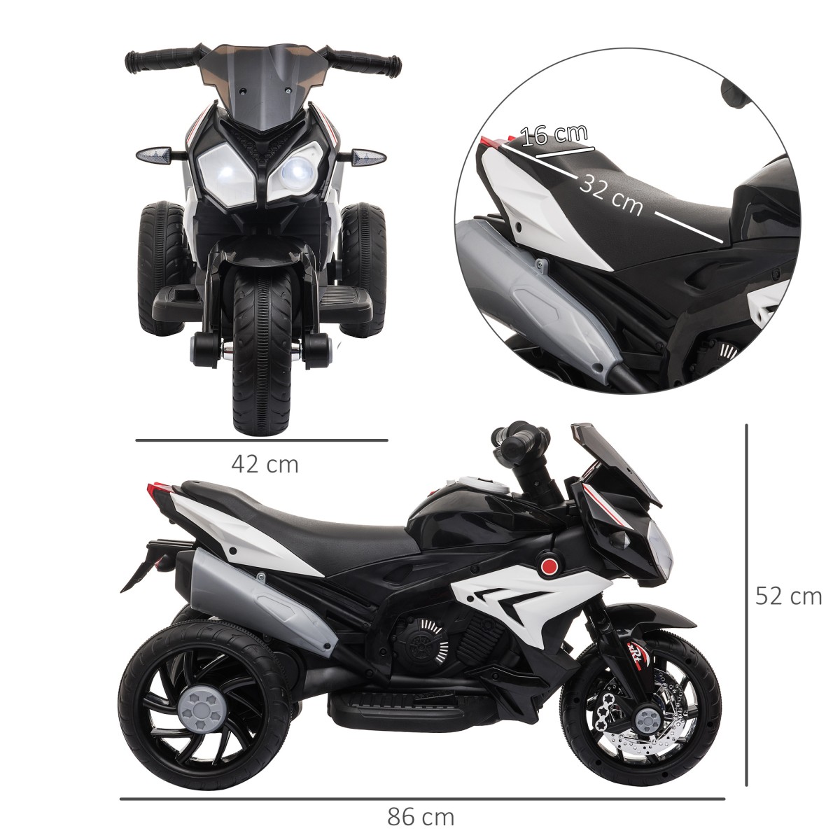 Παιδική ηλεκτρική μοτοσυκλέτα, Φώτα & Ήχοι, 3 km/h, Επαναφορτιζόμενη, Πλαστικό & Μεταλλικό, Μαύρο/Λευκό