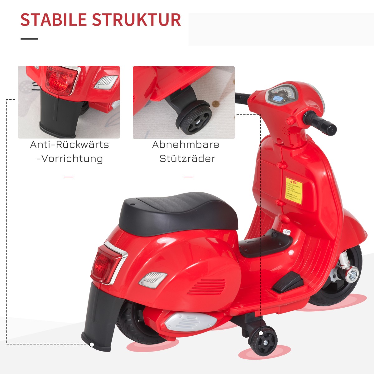 Ηλεκτρική παιδική μοτοσυκλέτα Vespa ηλεκτρική μοτοσυκλέτα με φως LED, ήχος, παιδική ηλεκτρική μοτοσυκλέτα για παιδιά από 18-36 μηνών κόκκινη