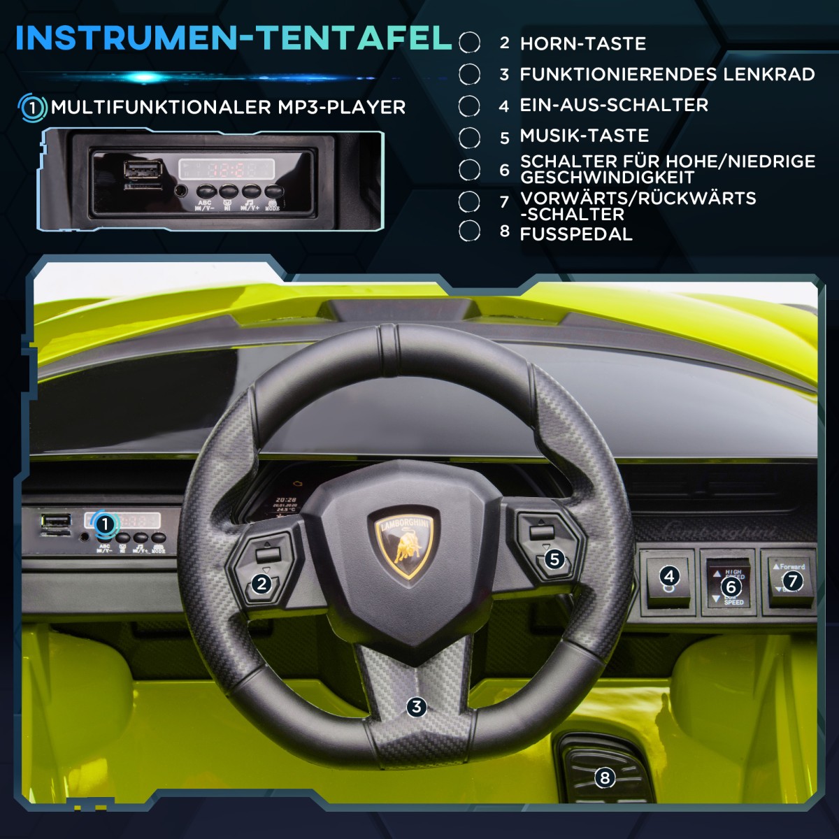 Παιδικό ηλεκτρικό αυτοκίνητο, Lamborghini, 3-5 km/h, τηλεχειριστήριο, 3-5 ετών, πράσινο