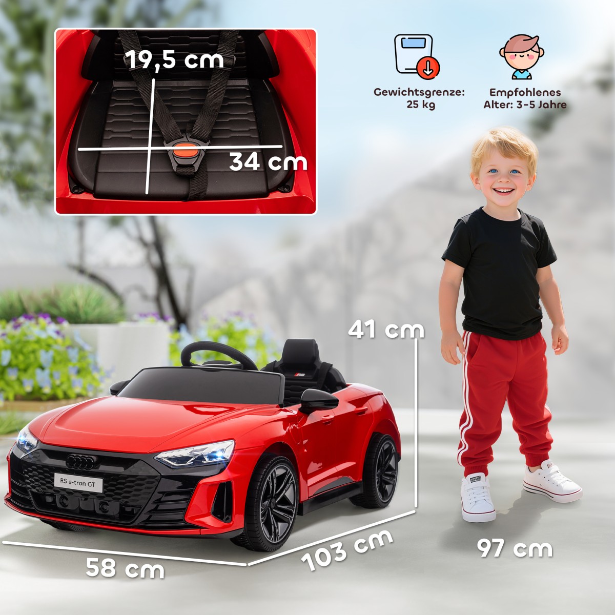 Παιδικό αυτοκίνητο, ηλεκτρικό, Audi άδεια, με ζώνη ασφαλείας, τηλεχειριστήριο, φως, κόκκινο+μαύρο, 103 x 58 x 41cm