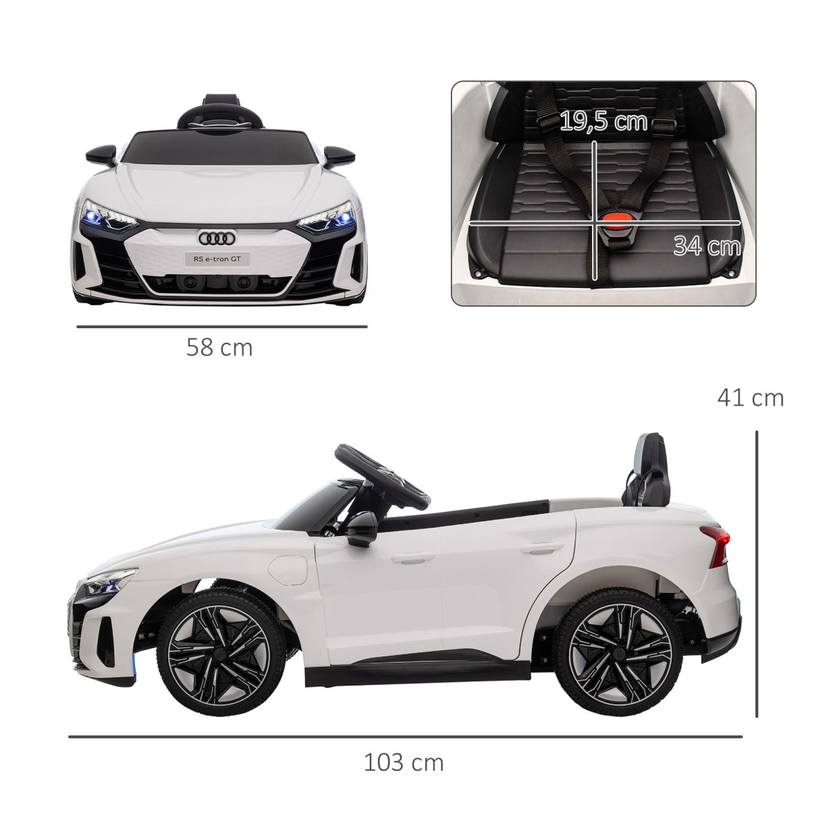 Παιδικό ηλεκτρικό αυτοκίνητο Audi RS e-tron GT με ζώνη ασφαλείας, τηλεχειριστήριο, προβολείς, λειτουργία μουσικής, λευκό, 103 x 58 x 41 cm