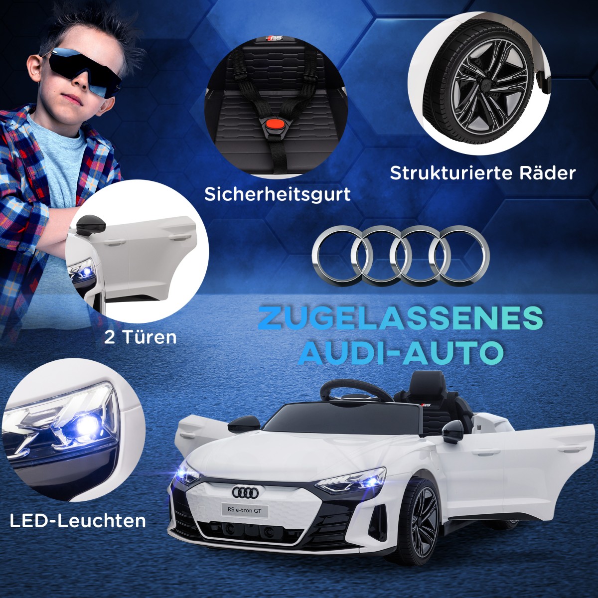 Παιδικό ηλεκτρικό αυτοκίνητο Audi RS e-tron GT με ζώνη ασφαλείας, τηλεχειριστήριο, προβολείς, λειτουργία μουσικής, λευκό, 103 x 58 x 41 cm