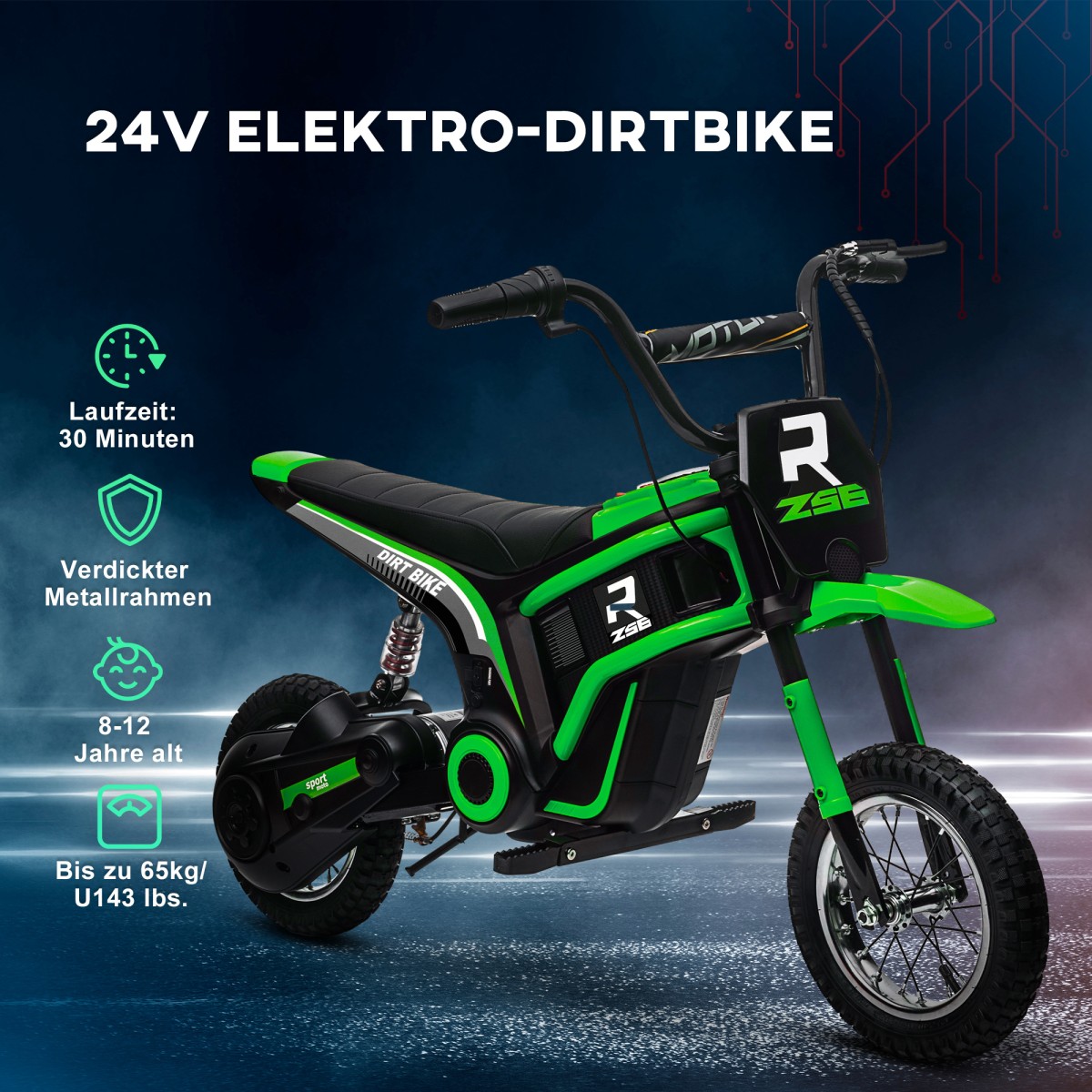 Ηλεκτρική παιδική μοτοσυκλέτα, μοτέρ 24V, ρυθμιζόμενη ταχύτητα, μουσική & φώτα, πράσινο
