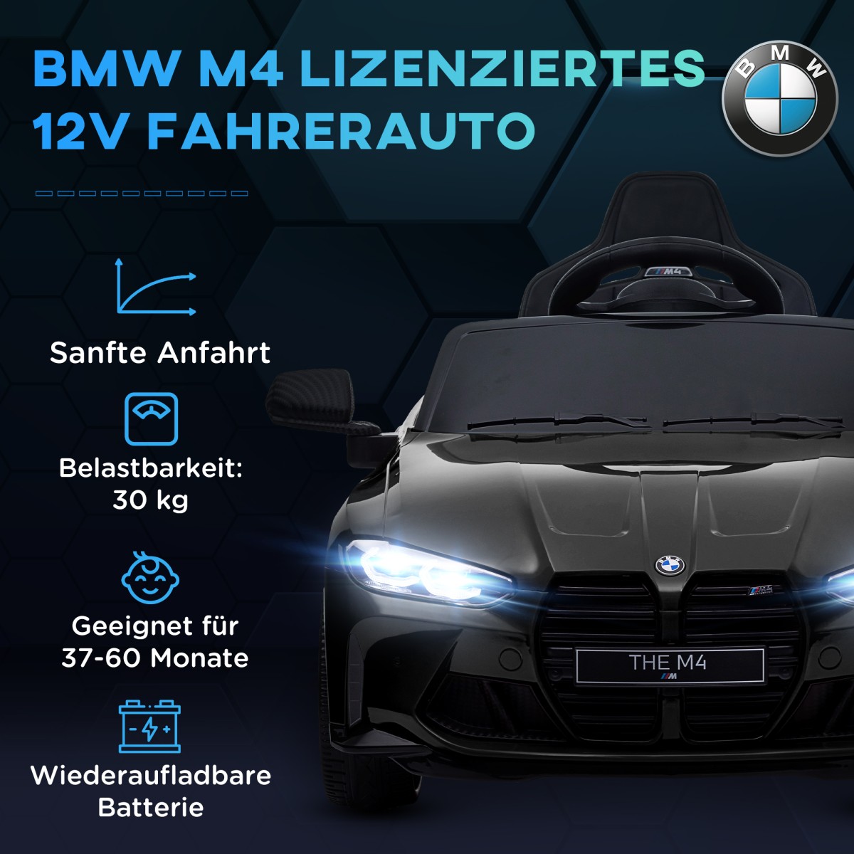 Ηλεκτρικό παιδικό αυτοκίνητο BMW M4, ήχος & φως, 3-5 km/h, με τηλεχειριστήριο, για 3-5 χρόνια, μαύρο