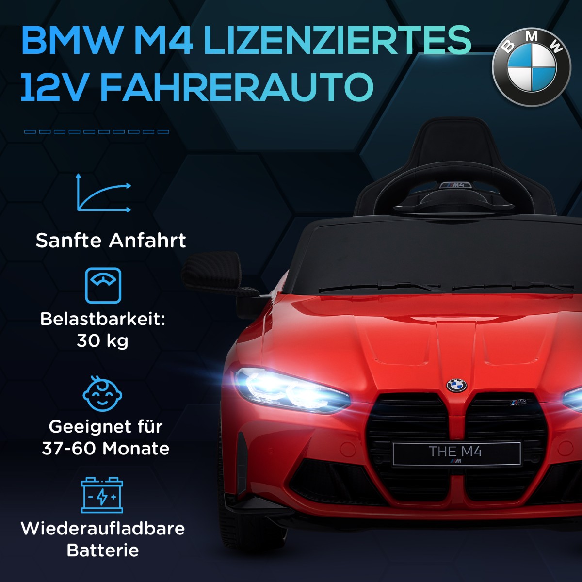 Ηλεκτρικό παιδικό αυτοκίνητο BMW M4, ήχος & φως, 3-5 km/h, με τηλεχειριστήριο, για 3-5 χρόνια, κόκκινο