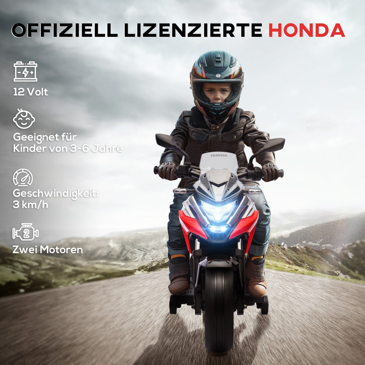 Ηλεκτρική παιδική μοτοσυκλέτα, Honda, 3 km/h, μουσική & φως, 3-6 ετών, έως 30 κιλά, κόκκινο