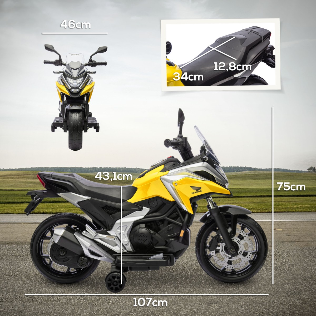 Ηλεκτρική παιδική μοτοσυκλέτα, Honda, 3 km/h, μουσική & φως, 3-6 ετών, έως 30 κιλά, κίτρινο