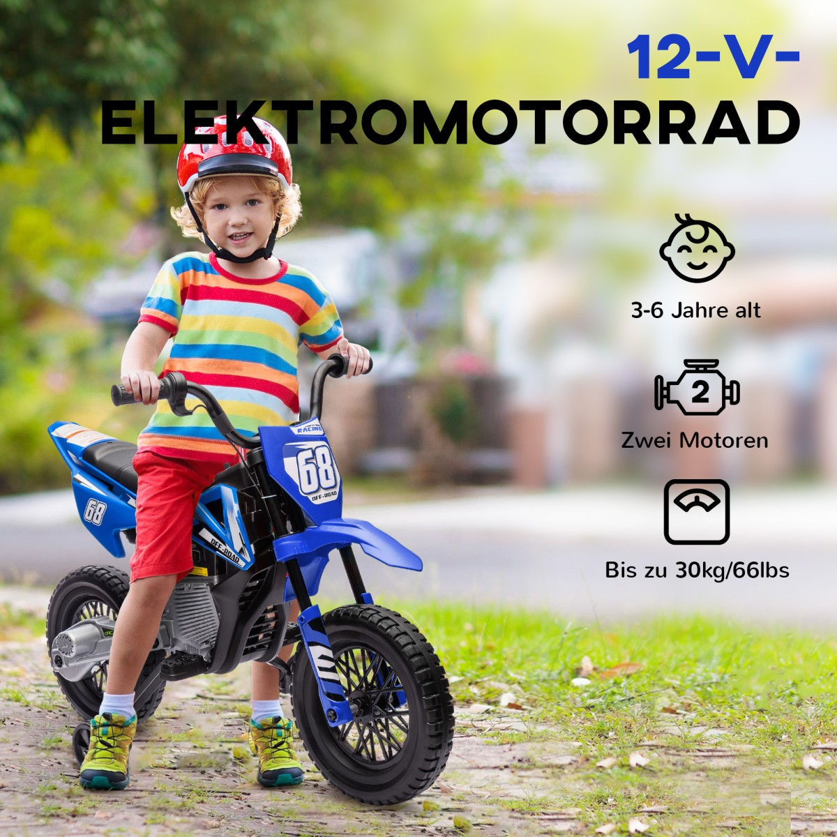 Ηλεκτρική μοτοσυκλέτα για παιδιά, 12V παιδική μοτοσυκλέτα με μουσική, παιδικό όχημα με τροχούς εκπαίδευσης, 3-6 ετών, μπλε