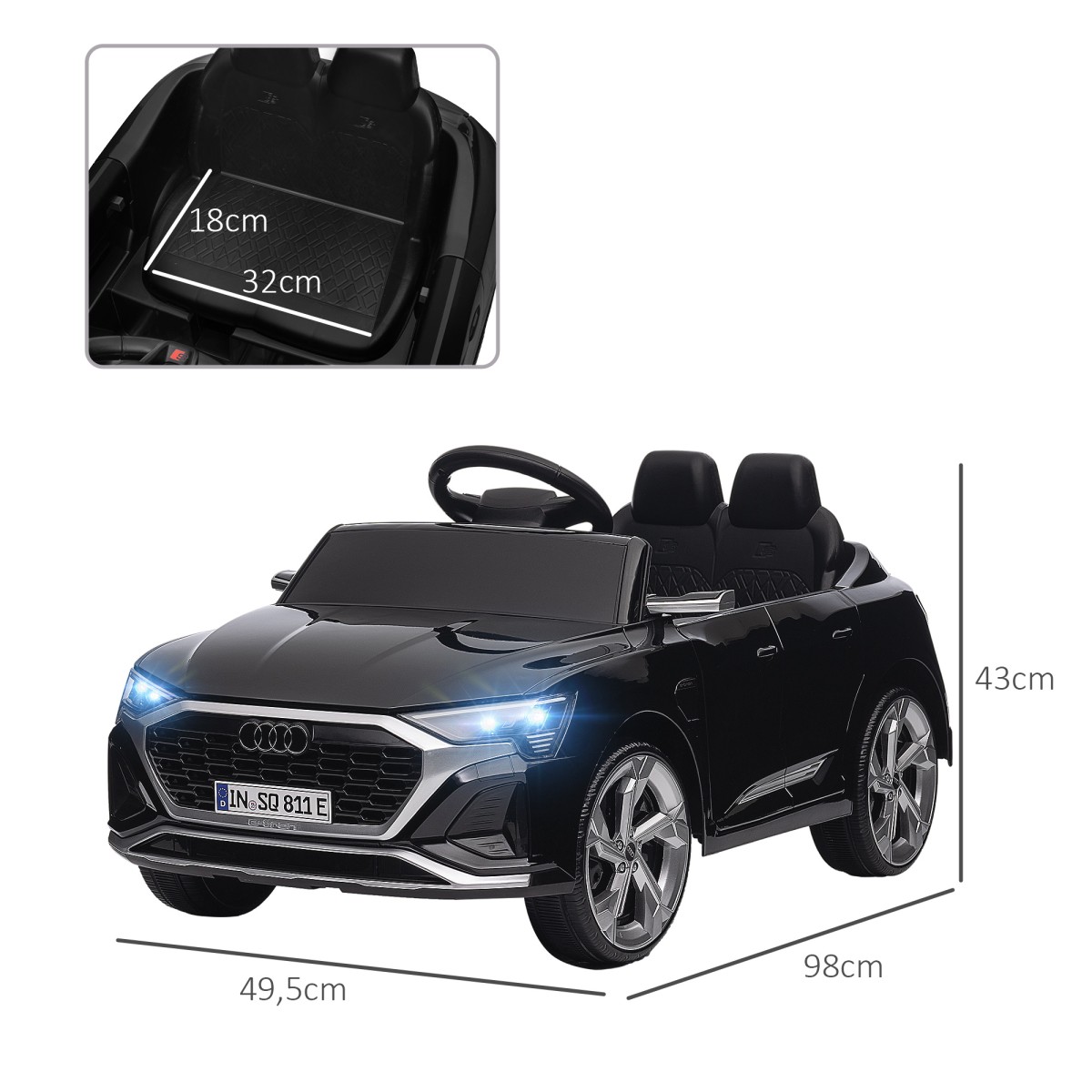 Ηλεκτρικό παιδικό αυτοκίνητο, 12V Audi Q8, 3-5 km/h, τηλεχειριστήριο, προβολείς, μουσική, μαύρο