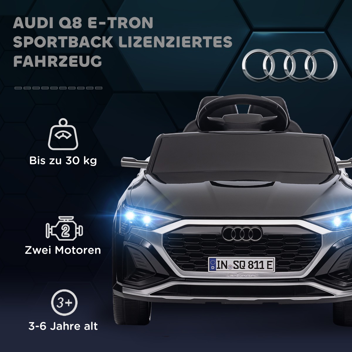Ηλεκτρικό παιδικό αυτοκίνητο, 12V Audi Q8, 3-5 km/h, τηλεχειριστήριο, προβολείς, μουσική, μαύρο