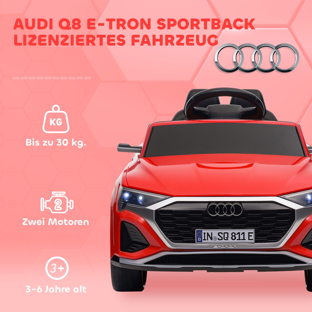 Ηλεκτρικό παιδικό αυτοκίνητο, 12V Audi Q8, 3-5 km/h, τηλεχειριστήριο, προβολείς, μουσική, κόκκινο