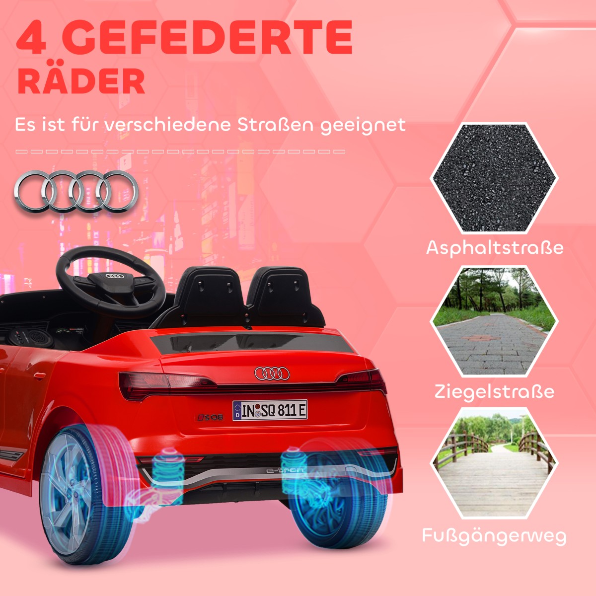 Ηλεκτρικό παιδικό αυτοκίνητο, 12V Audi Q8, 3-5 km/h, τηλεχειριστήριο, προβολείς, μουσική, κόκκινο