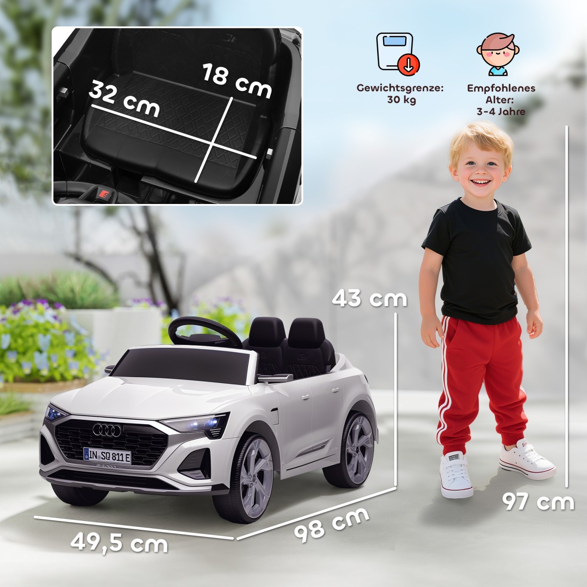 Ηλεκτρικό παιδικό αυτοκίνητο, 12V Audi Q8, 3-5 km/h, τηλεχειριστήριο, προβολείς, μουσική, λευκό