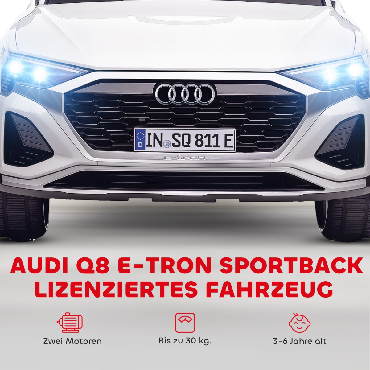 Ηλεκτρικό παιδικό αυτοκίνητο, 12V Audi Q8, 3-5 km/h, τηλεχειριστήριο, προβολείς, μουσική, λευκό