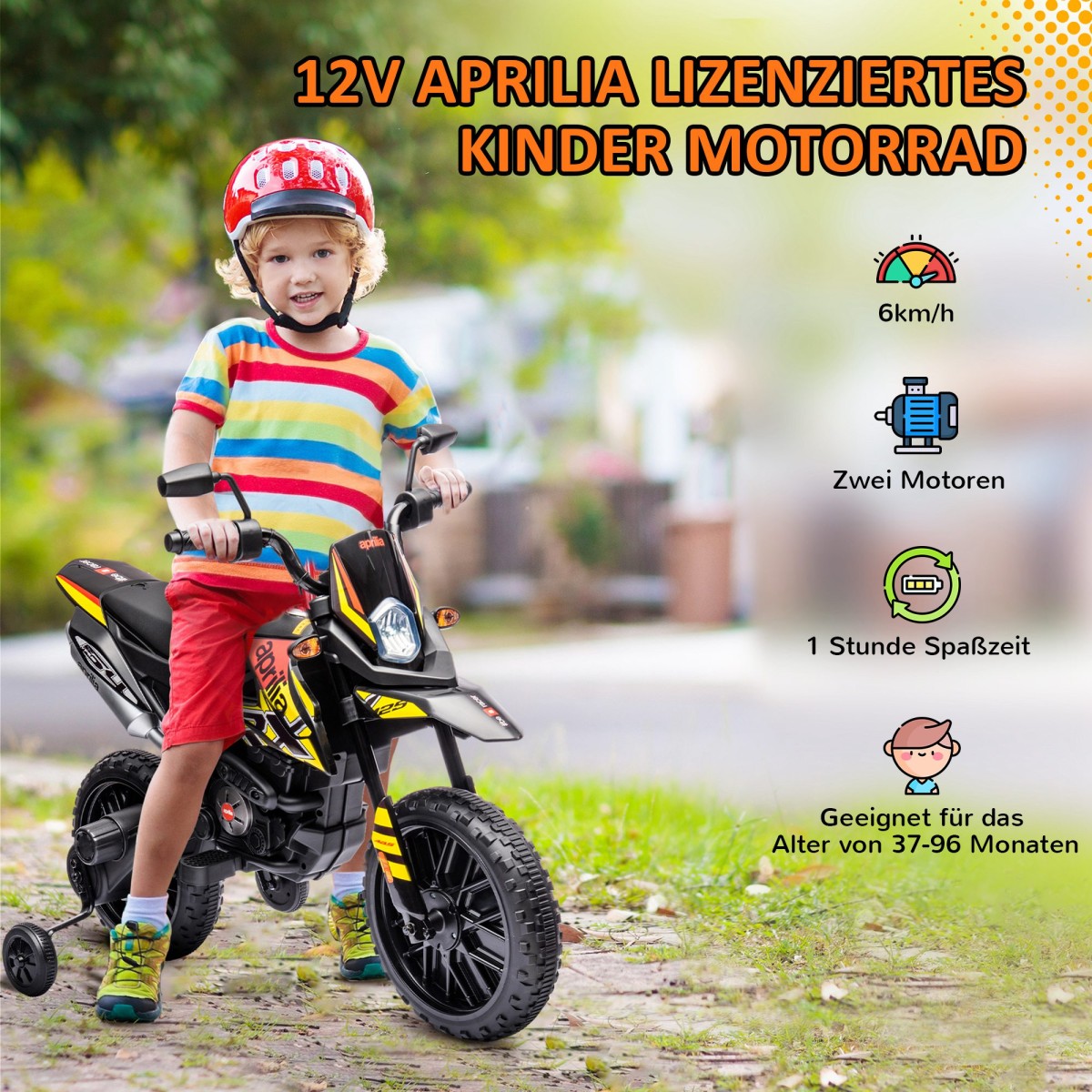 Παιδική μοτοσυκλέτα 12V με ρόδες προπόνησης, φώτα LED, μουσική, USB, ηλεκτρική μοτοσυκλέτα για αγόρια και κορίτσια, κίτρινο