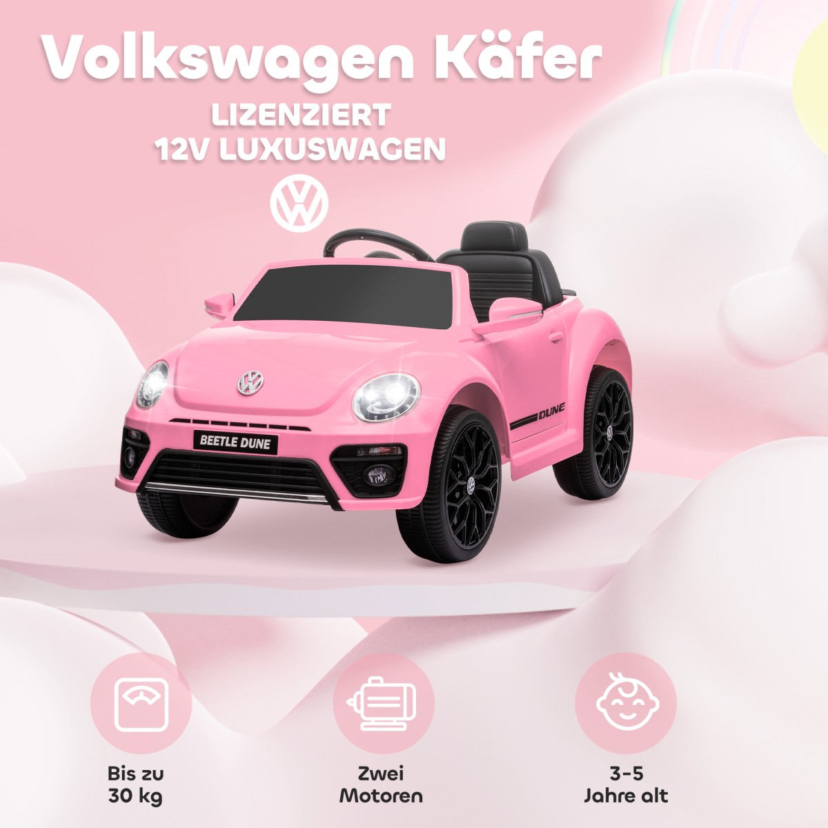 Ηλεκτρικό παιδικό όχημα, VW Beetle, 3-5 χλμ./ώρα, με τηλεχειριστήριο & μουσική, ροζ