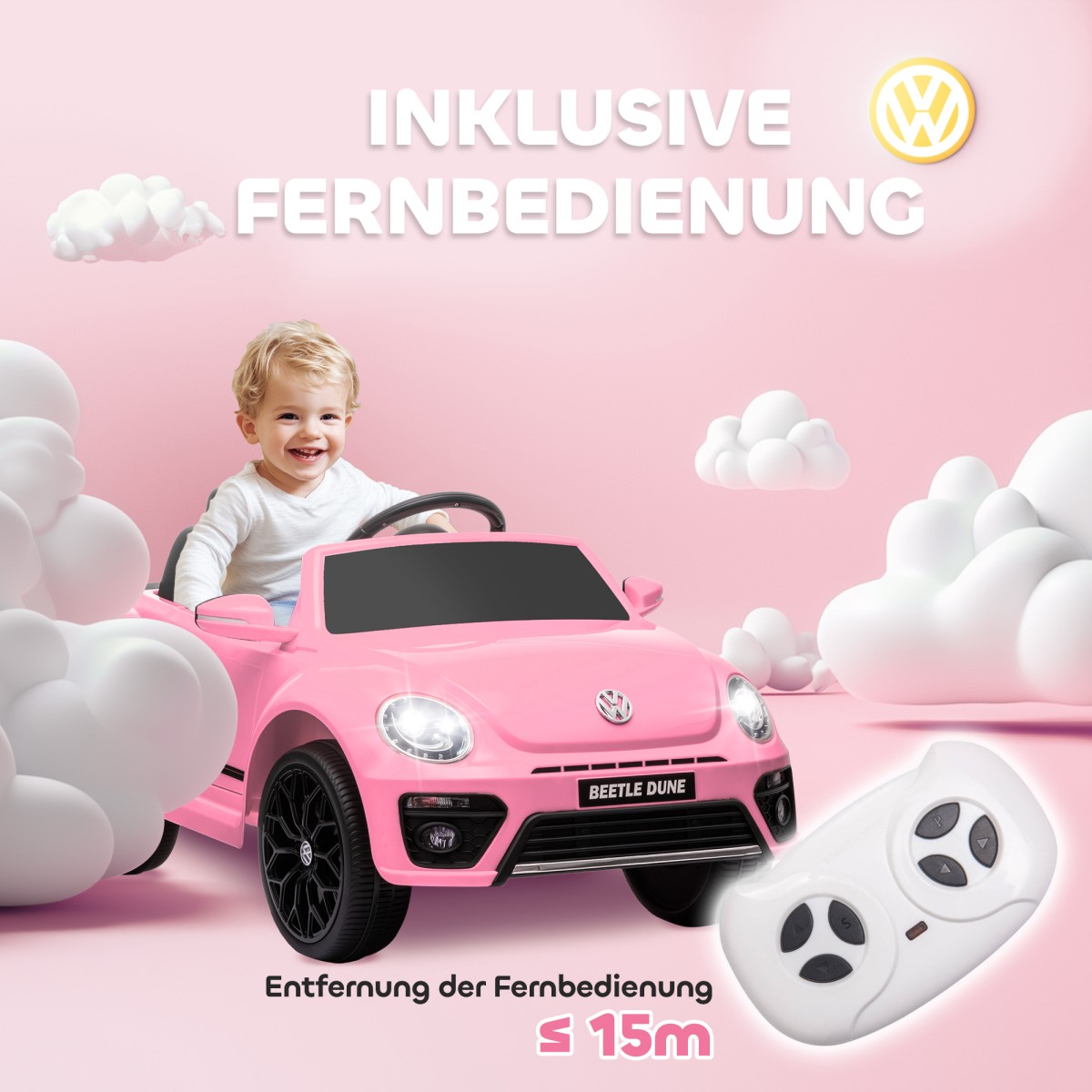 Ηλεκτρικό παιδικό όχημα, VW Beetle, 3-5 χλμ./ώρα, με τηλεχειριστήριο & μουσική, ροζ