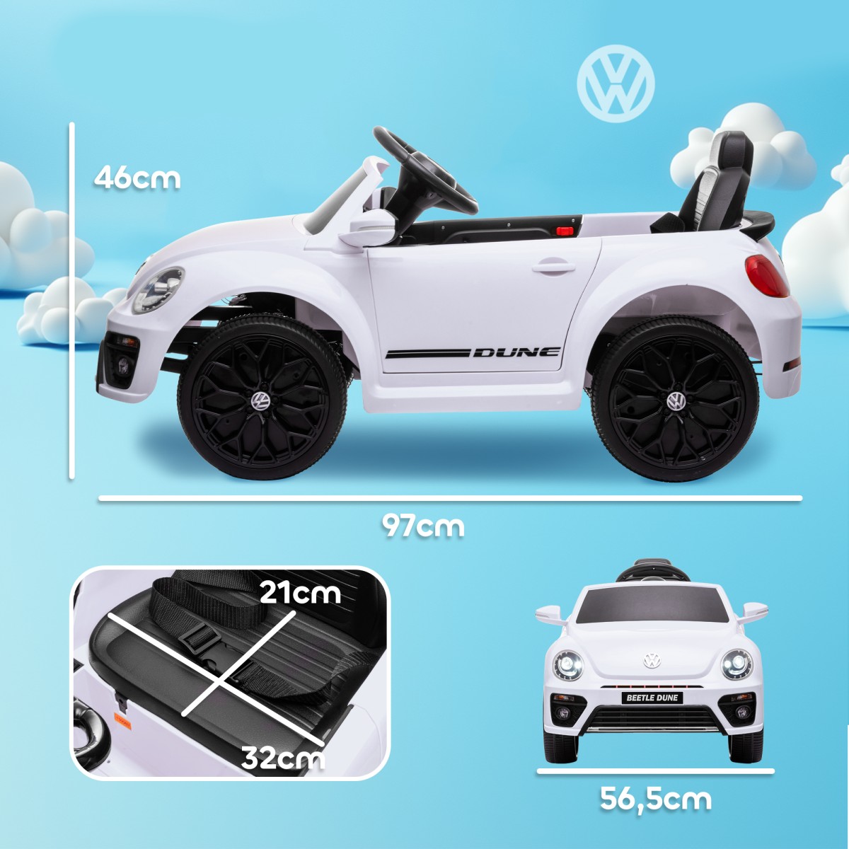 Ηλεκτρικό παιδικό όχημα, VW Beetle, 3-5 km/h, με τηλεχειριστήριο & μουσική, λευκό