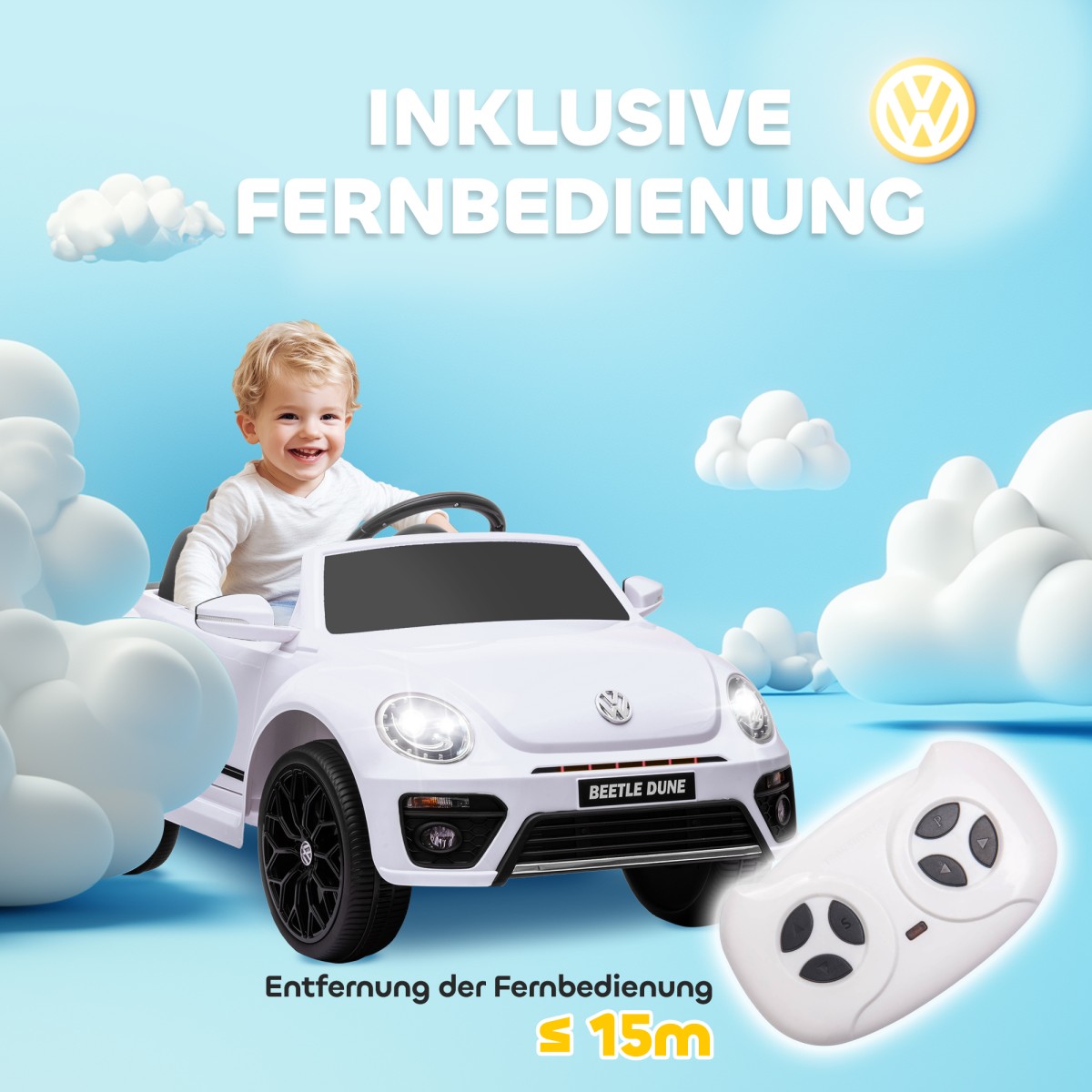 Ηλεκτρικό παιδικό όχημα, VW Beetle, 3-5 km/h, με τηλεχειριστήριο & μουσική, λευκό