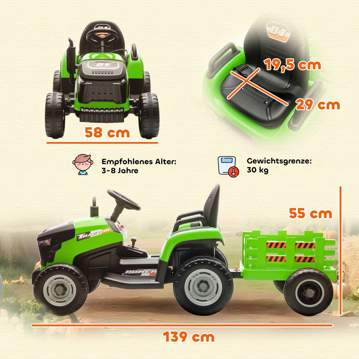 Ηλεκτρικό Παιδικό Τρακτέρ, Τρακτέρ Ride-On με Τηλεχειριστήριο, Soft Start, για Παιδιά Ηλικιών 3-8, Πράσινο