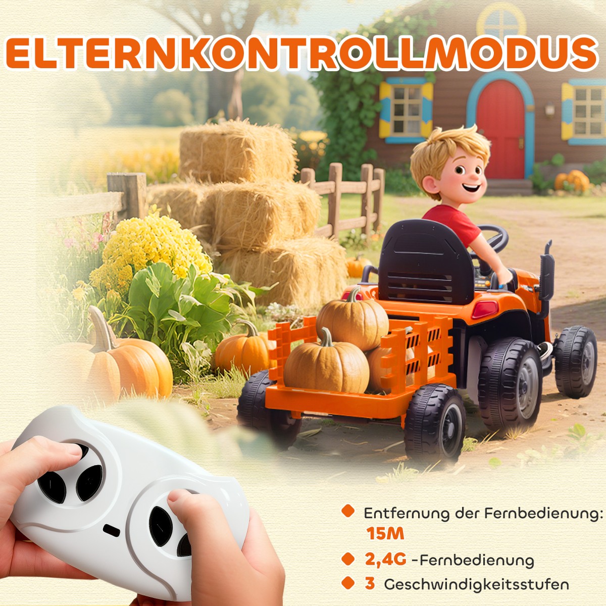 Ηλεκτρικό Παιδικό Τρακτέρ, Τρακτέρ Ride-On με Τηλεχειριστήριο, Soft Start, για Παιδιά Ηλικιών 3-8, Πορτοκαλί