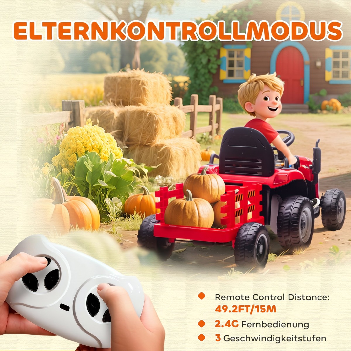 Ηλεκτρικό Παιδικό Τρακτέρ, Τρακτέρ Ride-On με Τηλεχειριστήριο, Soft Start, για Παιδιά Ηλικιών 3-8, Κόκκινο