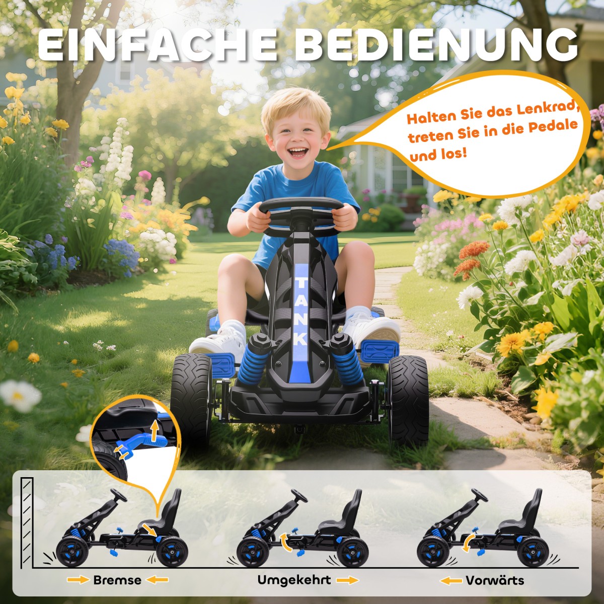 Go Kart με Πεντάλ, Πεντάλ Αυτοκίνητο για Παιδιά με Φρένο, Αντιολισθητικές Ζάντες, Μεταλλικό Σκελετός, 3-6 ετών, Μπλε