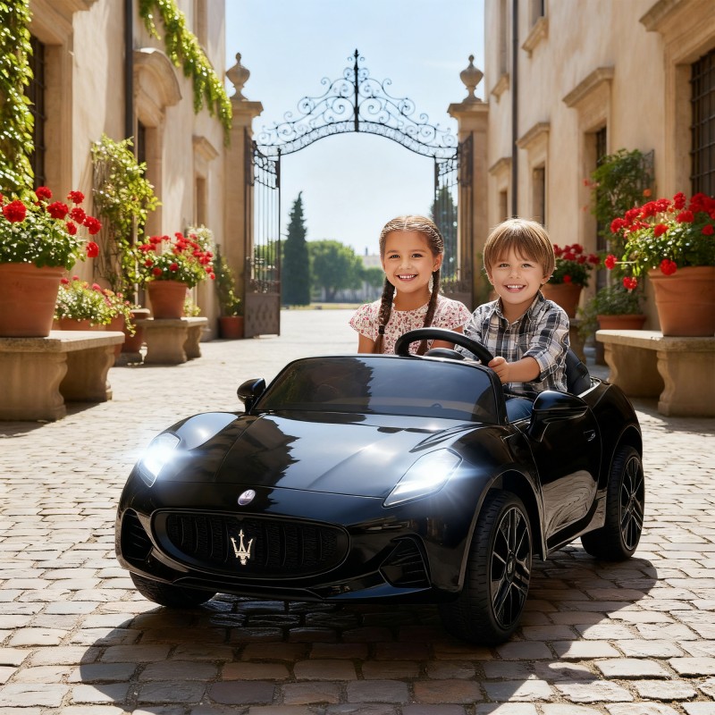 Maserati ηλεκτρικό αυτοκίνητο για παιδιά, 2θέσιο, λειτουργία μπαταρίας 12V, τηλεχειριστήριο, φώτα LED, λειτουργία μουσικής, μαύρο