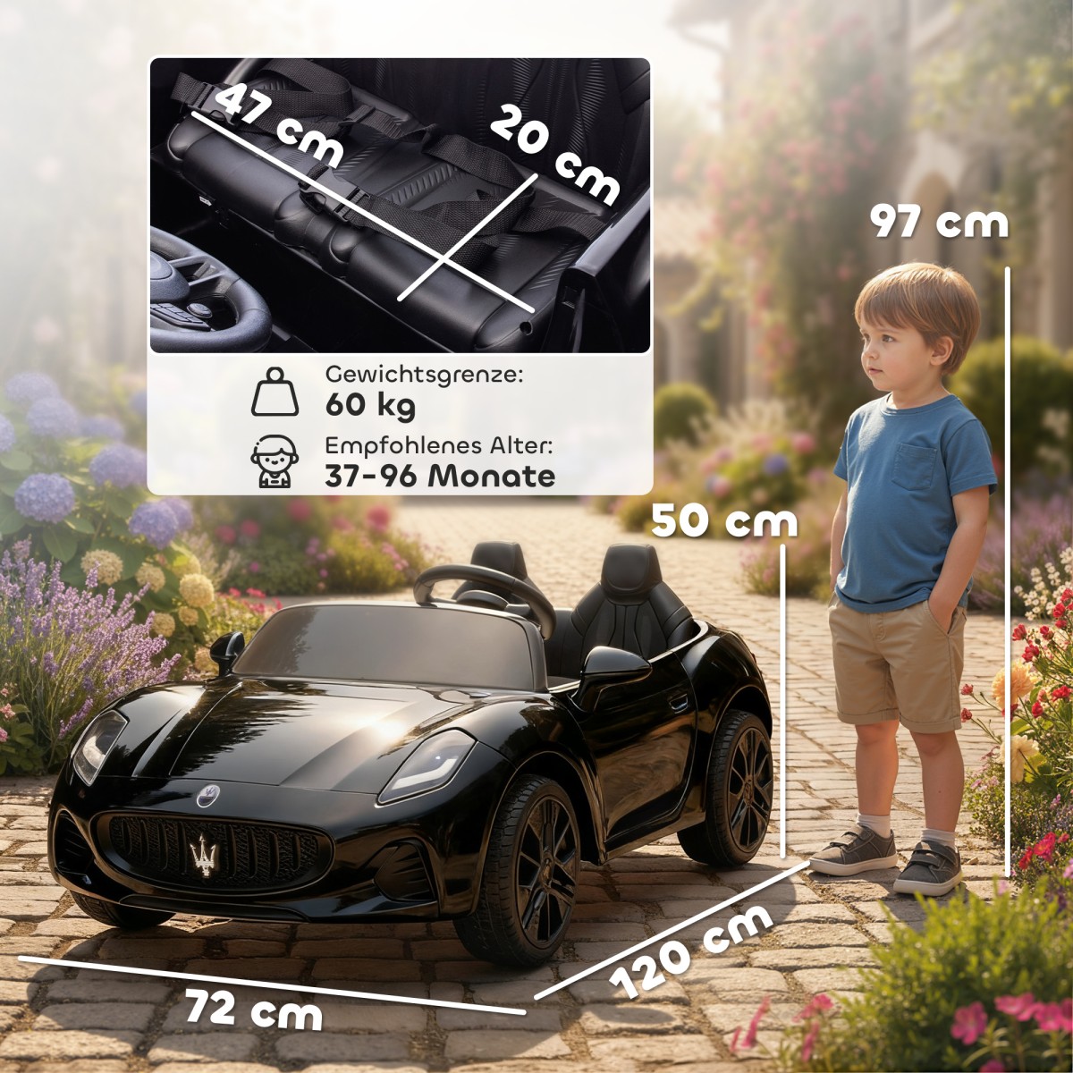 Maserati ηλεκτρικό αυτοκίνητο για παιδιά, 2θέσιο, λειτουργία μπαταρίας 12V, τηλεχειριστήριο, φώτα LED, λειτουργία μουσικής, μαύρο