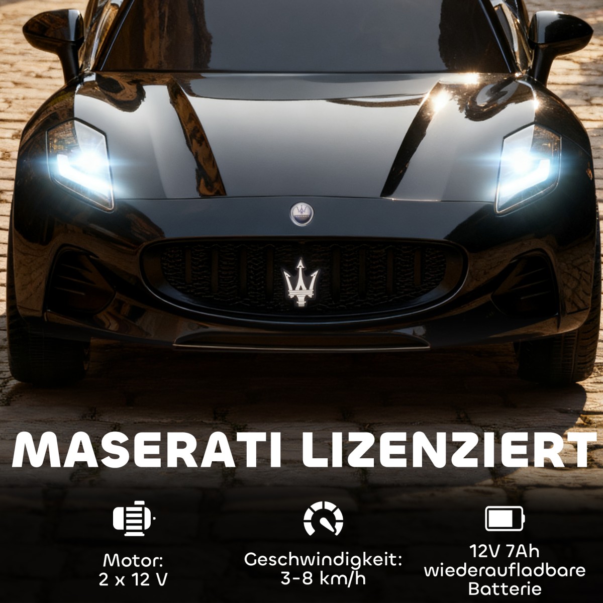 Maserati ηλεκτρικό αυτοκίνητο για παιδιά, 2θέσιο, λειτουργία μπαταρίας 12V, τηλεχειριστήριο, φώτα LED, λειτουργία μουσικής, μαύρο