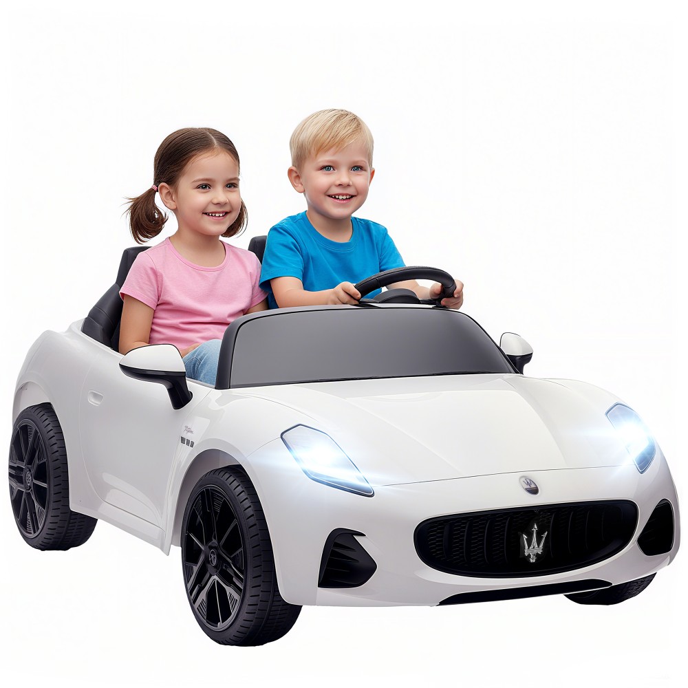 Maserati ηλεκτρικό αυτοκίνητο για παιδιά, 2θέσιο, λειτουργία μπαταρίας 12V, τηλεχειριστήριο, φώτα LED, λειτουργία μουσικής, λευκό