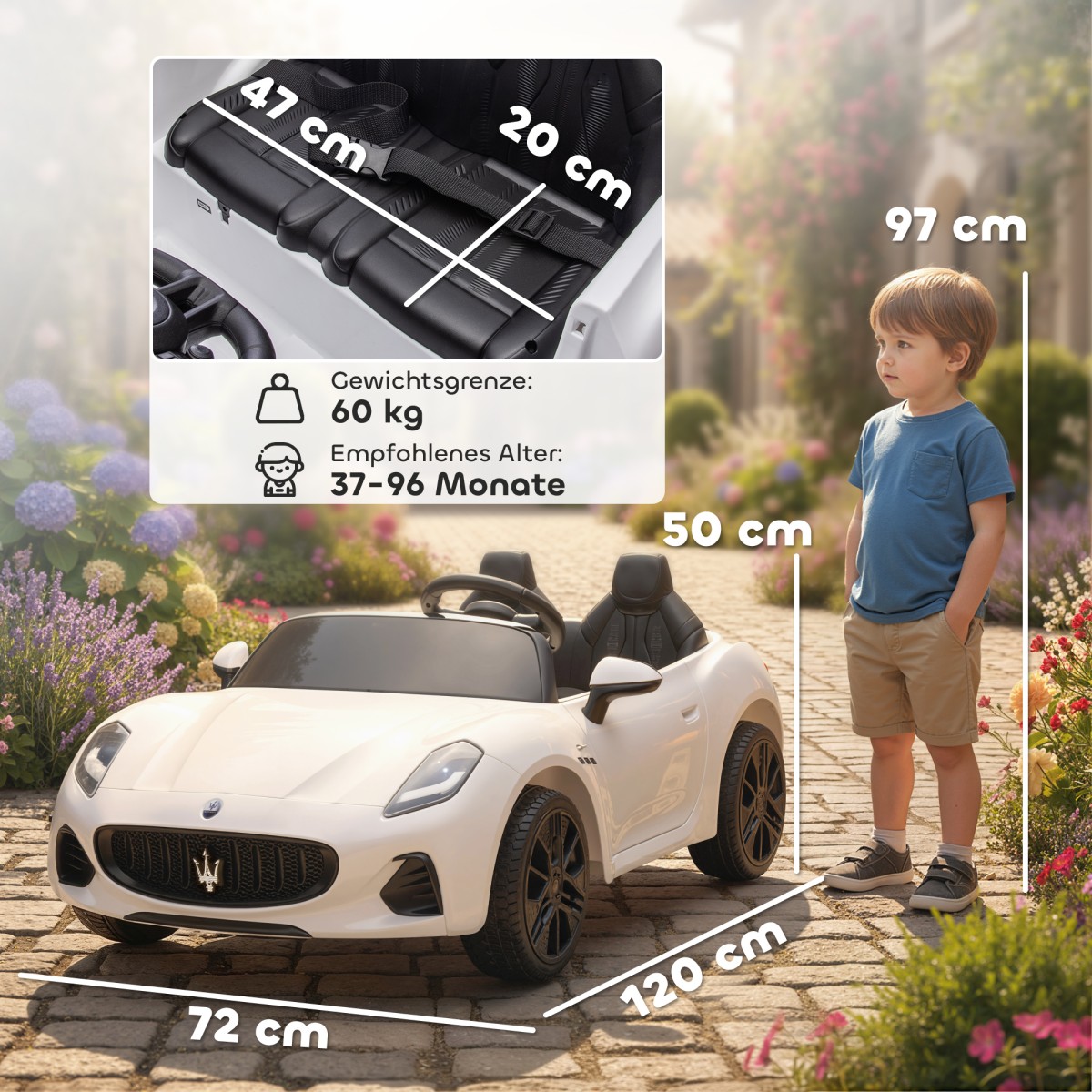 Maserati ηλεκτρικό αυτοκίνητο για παιδιά, 2θέσιο, λειτουργία μπαταρίας 12V, τηλεχειριστήριο, φώτα LED, λειτουργία μουσικής, λευκό