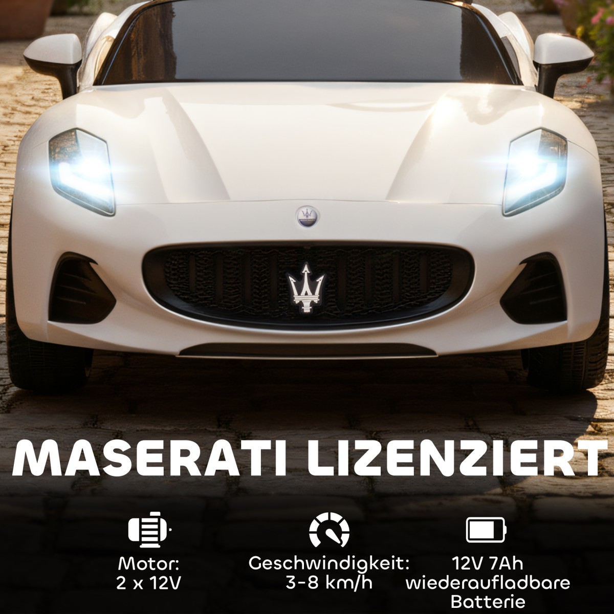Maserati ηλεκτρικό αυτοκίνητο για παιδιά, 2θέσιο, λειτουργία μπαταρίας 12V, τηλεχειριστήριο, φώτα LED, λειτουργία μουσικής, λευκό