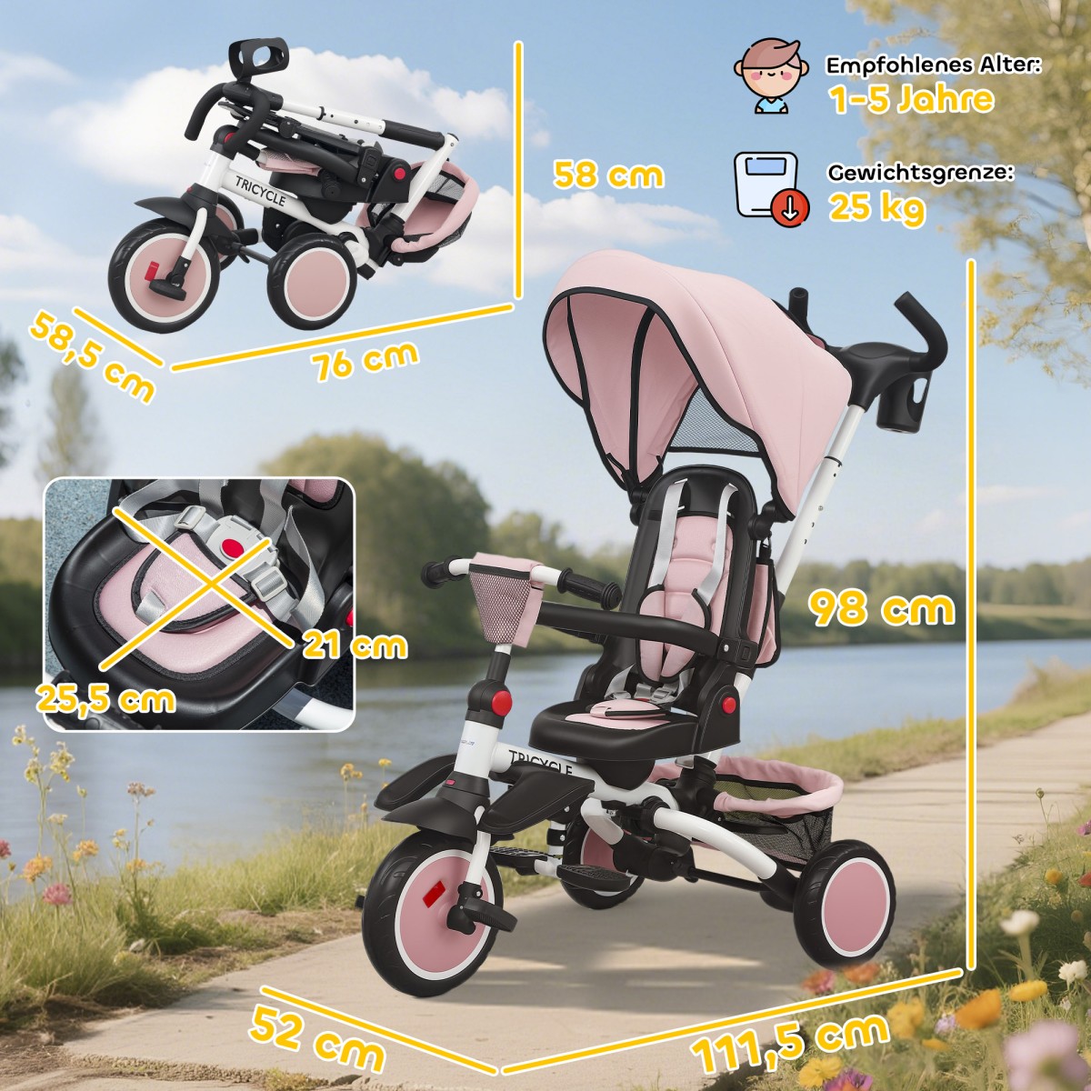 Παιδικό τρίκυκλο, 6 σε 1 Buggy για νήπια, με λαβή ώθησης, ρυθμιζόμενο κάθισμα, αναδιπλούμενο σχέδιο, δίχτυ ασφαλείας